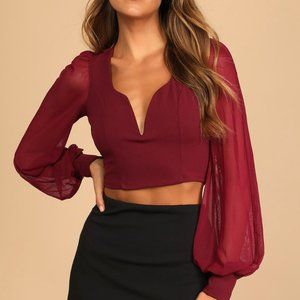 Lulu's Burgundy Crop Sheer Long Sleeve Shirt
